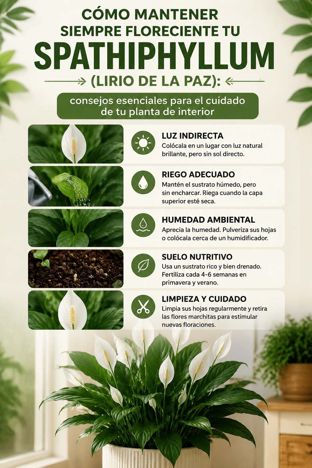 Cómo mantener siempre floreciente tu Spathiphyllum (Lirio de la paz): consejos esenciales para el cuidado de tu planta de interior