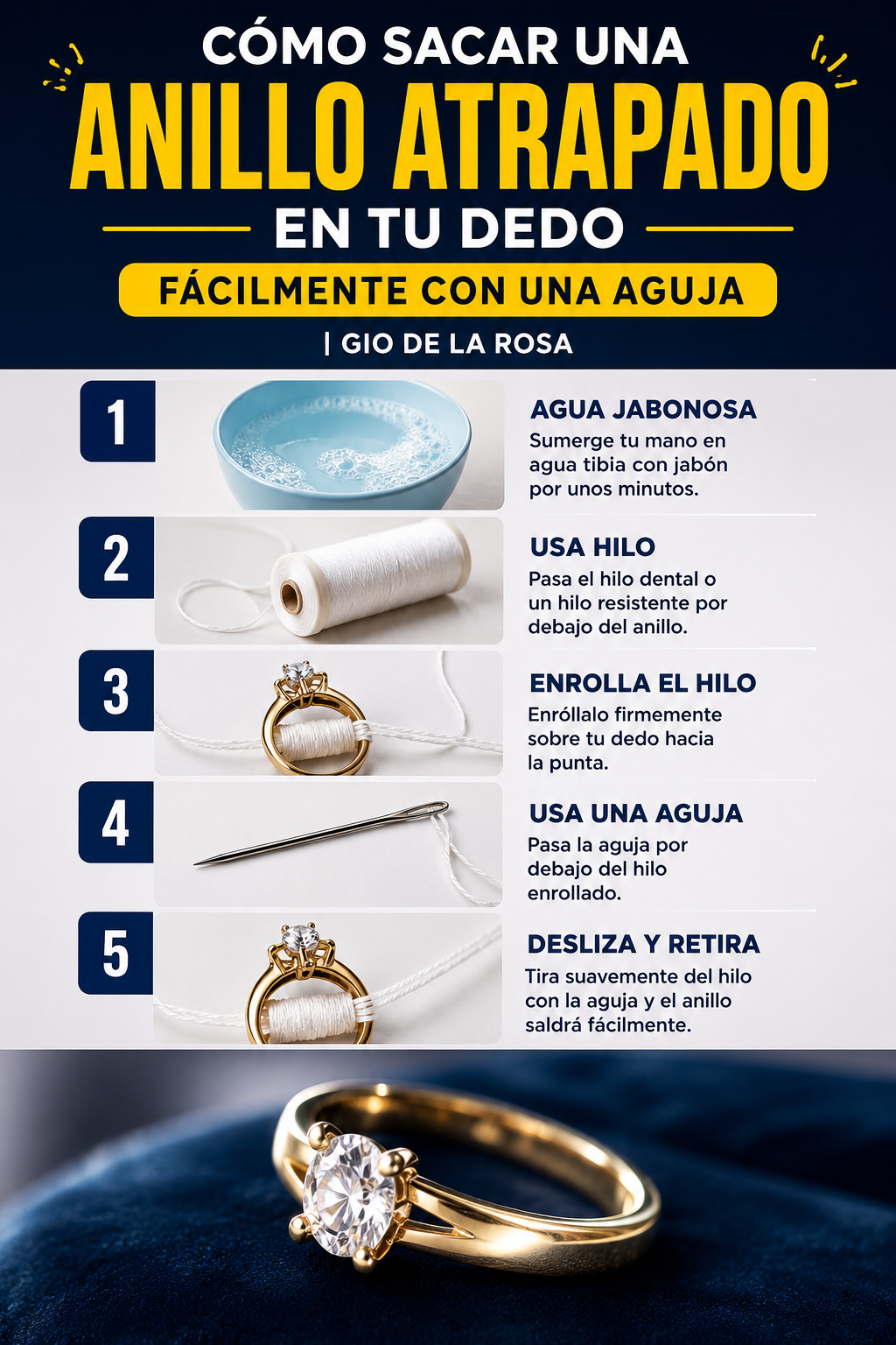 Cómo sacar una ANILLO ATRAPADO en tu dedo FÁCILMENTE con una AGUJA | Gio de la Rosa