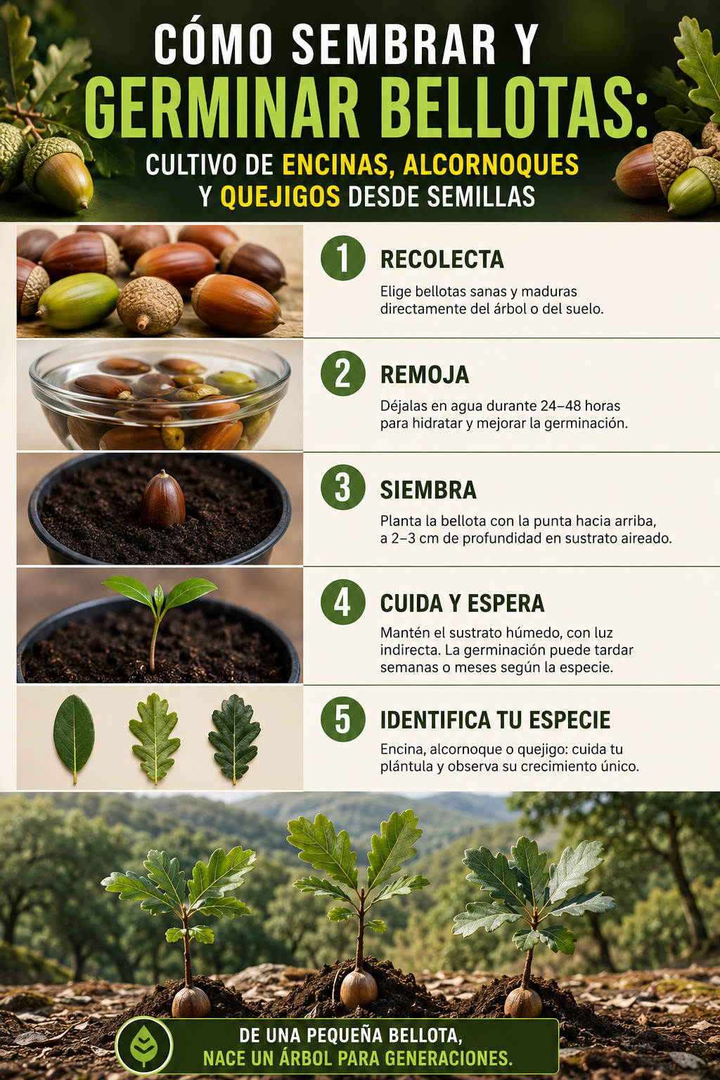Cómo sembrar y germinar bellotas: cultivo de encinas, alcornoques y quejigos desde semillas