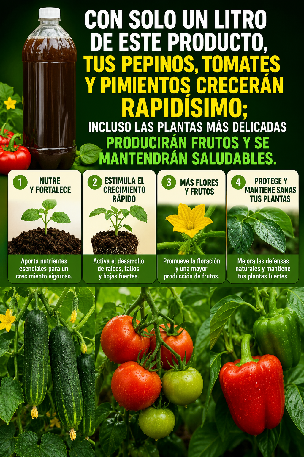 Con solo un litro de este producto, tus pepinos, tomates y pimientos crecerán rapidísimo; incluso las plantas más delicadas producirán frutos y se mantendrán saludables.