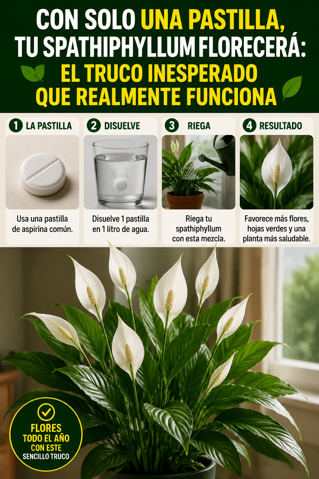 Con solo una pastilla, tu spathiphyllum florecerá: el truco inesperado que realmente funciona