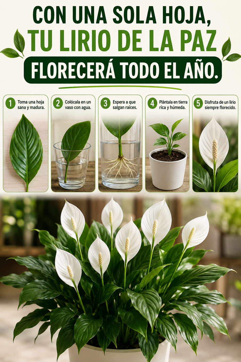 Con una sola hoja, tu lirio de la paz florecerá todo el año.