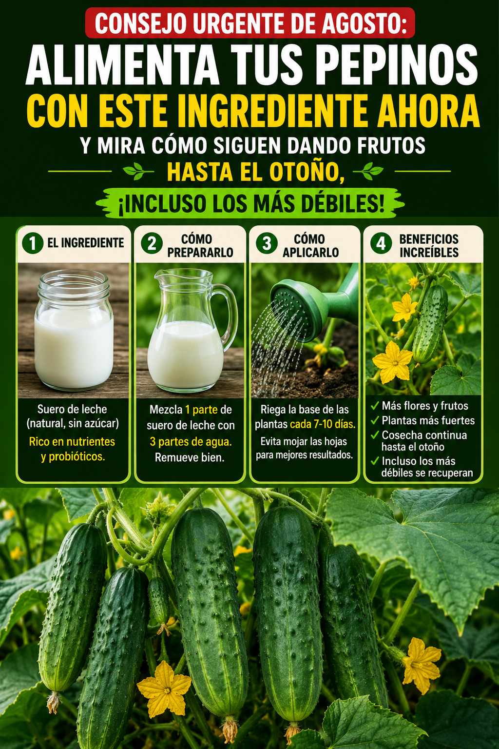 Consejo urgente de agosto: Alimenta tus pepinos con este ingrediente ahora y mira cómo siguen dando frutos hasta el otoño, ¡incluso los más débiles!