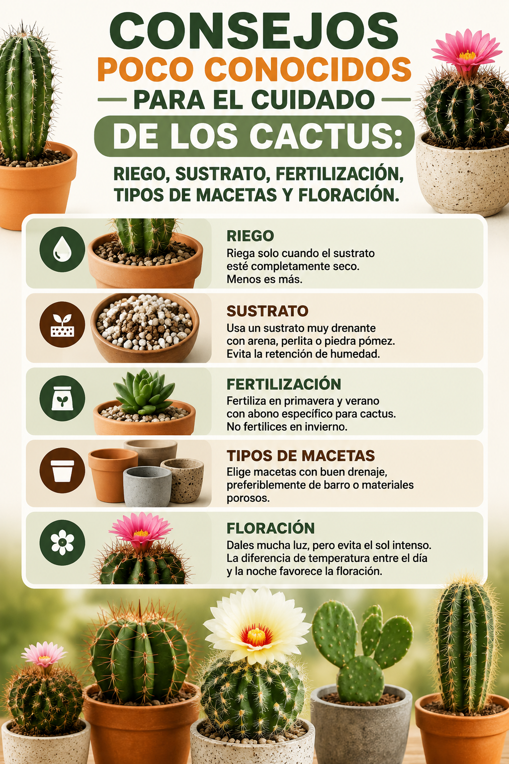 Consejos poco conocidos para el cuidado de los cactus: riego, sustrato, fertilización, tipos de macetas y floración