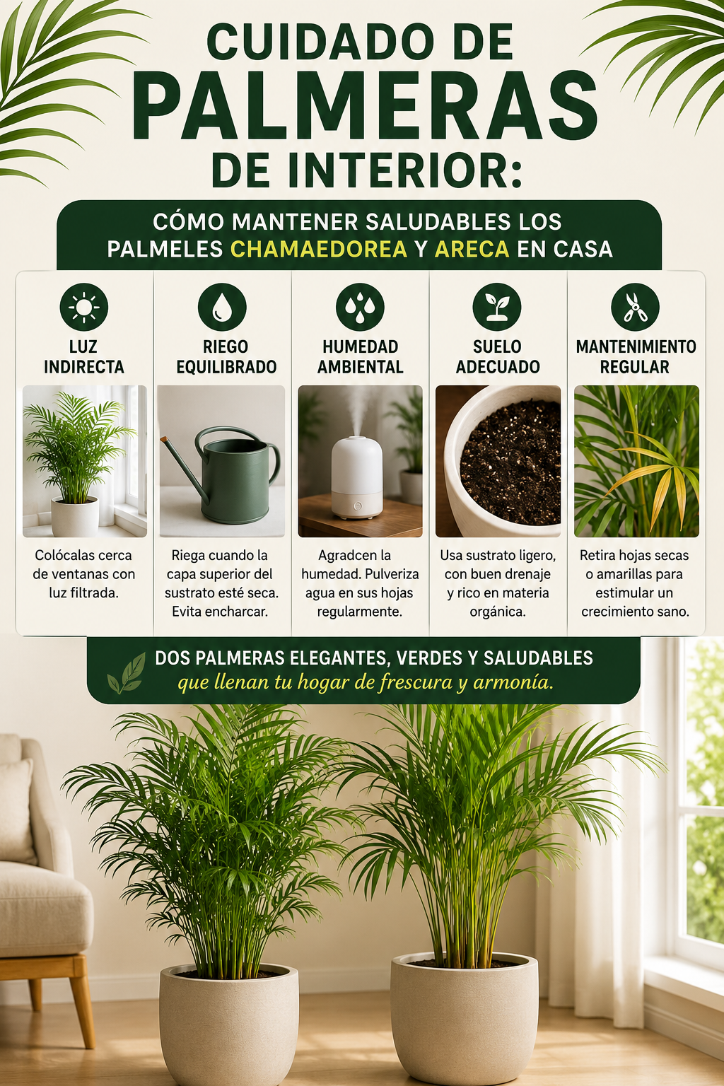 Cuidado de palmeras de interior: cómo mantener saludables los palmeles Chamaedorea y Areca en casa