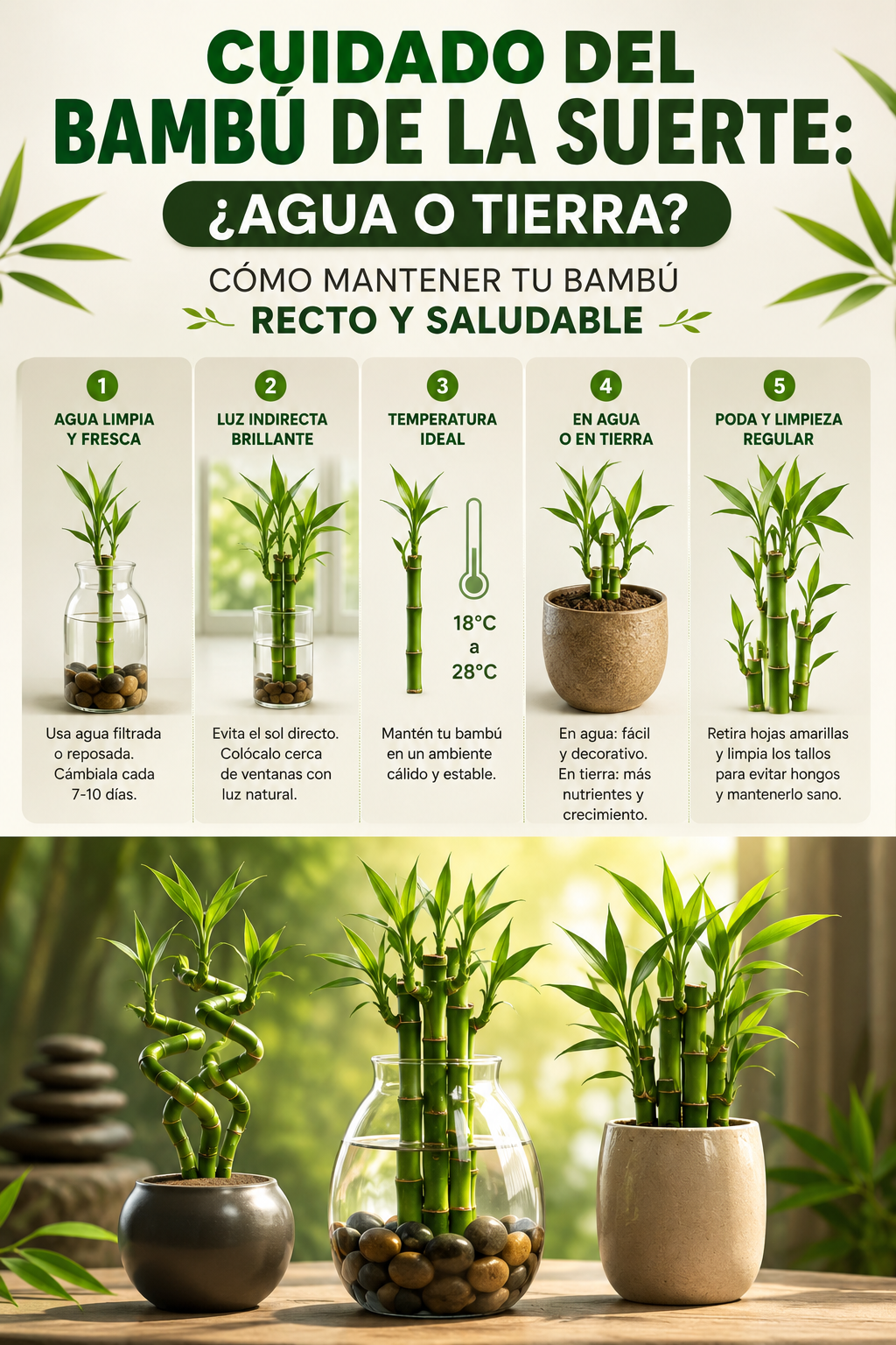 Cuidado del bambú de la suerte: ¿agua o tierra? Cómo mantener tu bambú recto y saludable