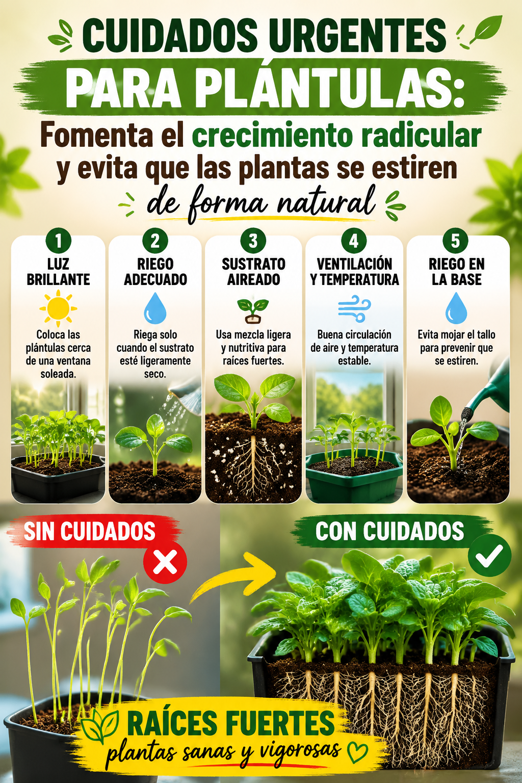 Cuidados urgentes para plántulas: Fomenta el crecimiento radicular y evita que las plantas se estiren de forma natural