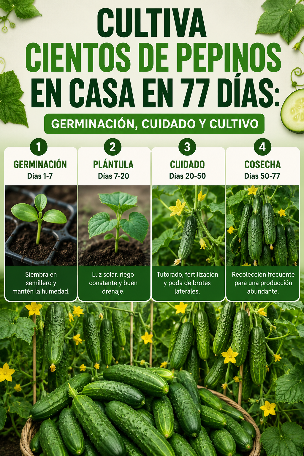 Cultiva cientos de pepinos en casa en 77 días: germinación, cuidado y cultivo