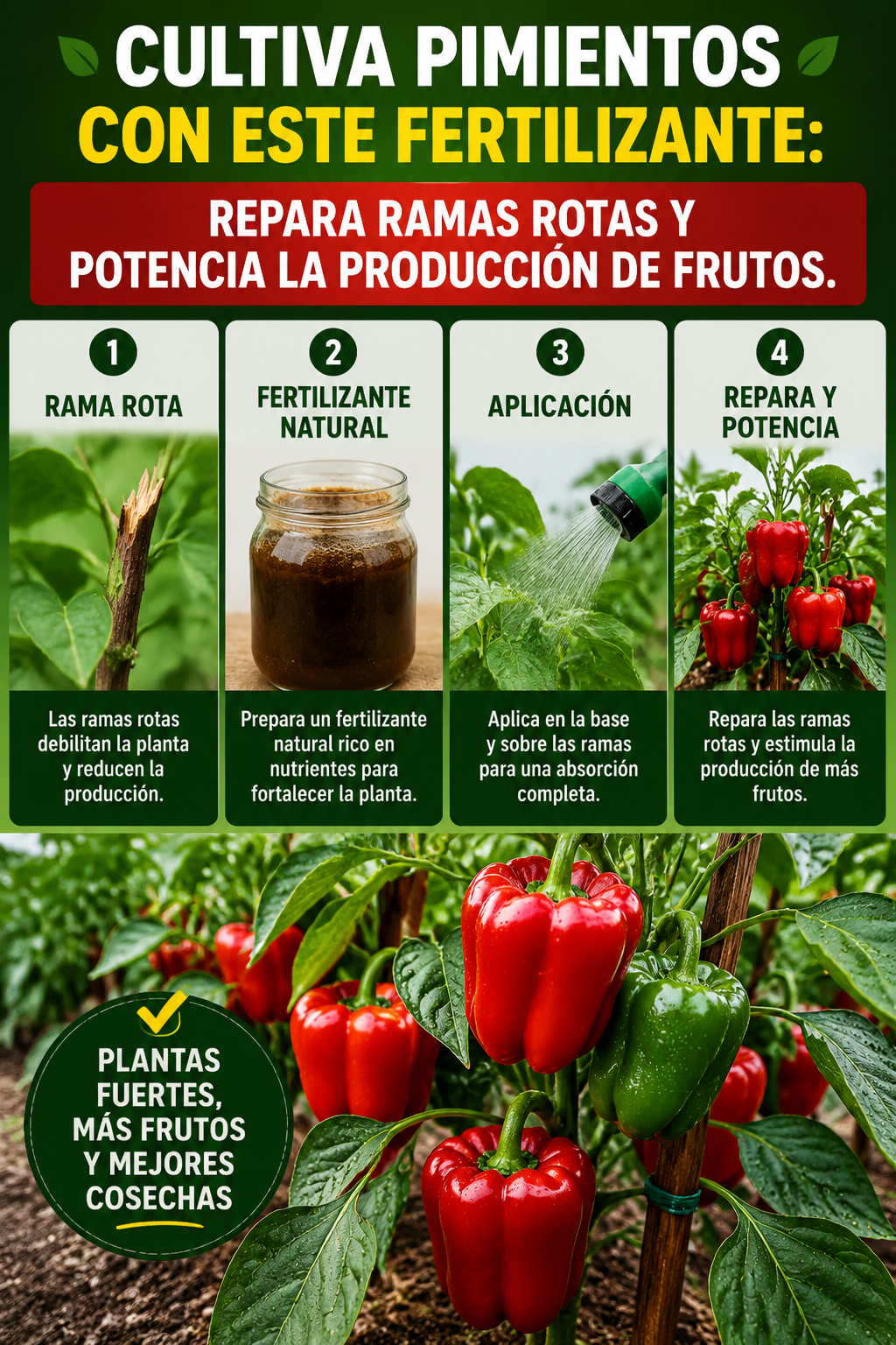 Cultiva pimientos con este fertilizante: repara ramas rotas y potencia la producción de frutos.