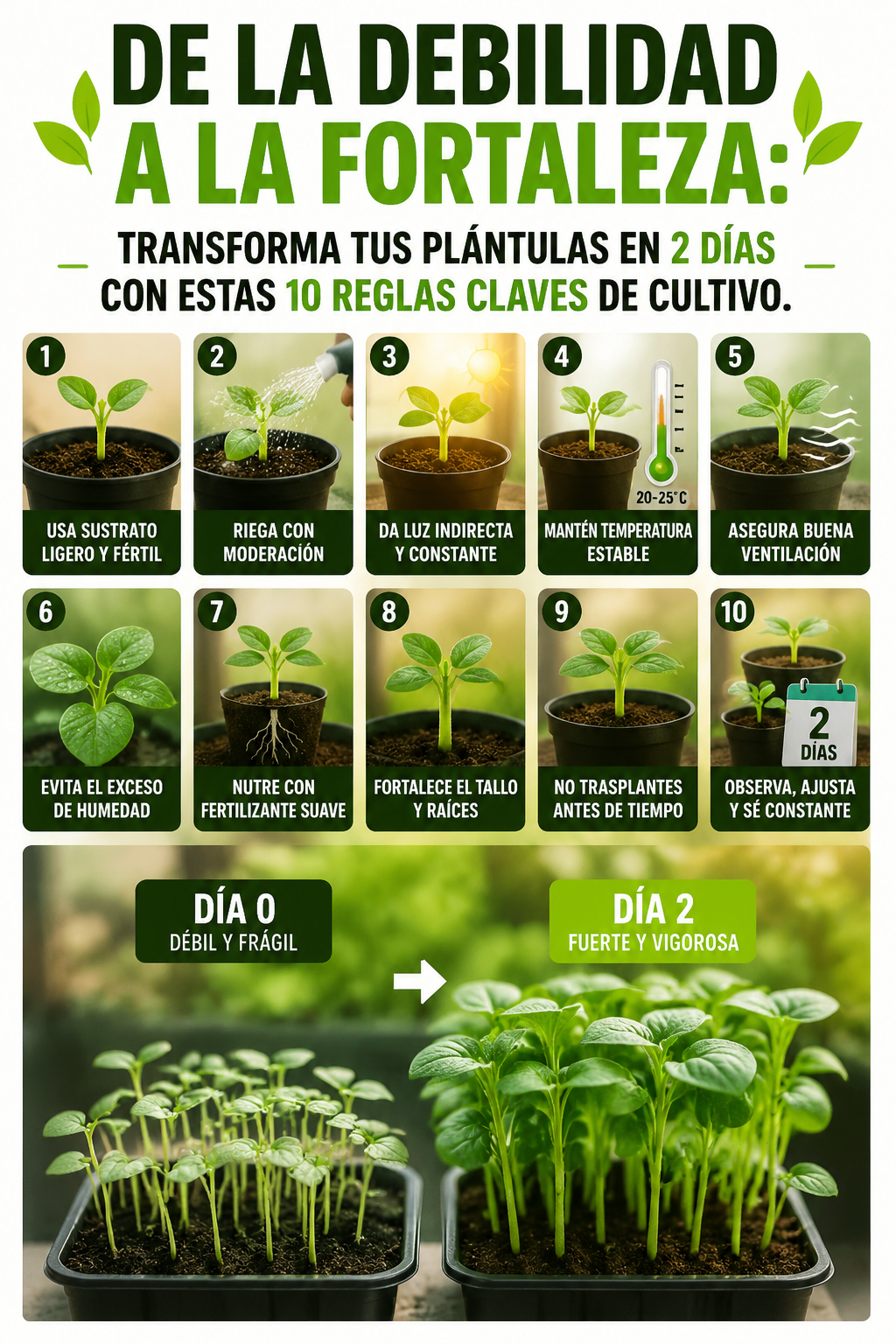 De la debilidad a la fortaleza: transforma tus plántulas en 2 días con estas 10 reglas claves de cultivo.