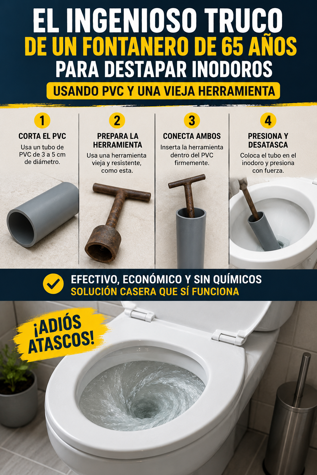 El ingenioso truco de un fontanero de 65 años para destapar inodoros usando PVC y una vieja herramienta
