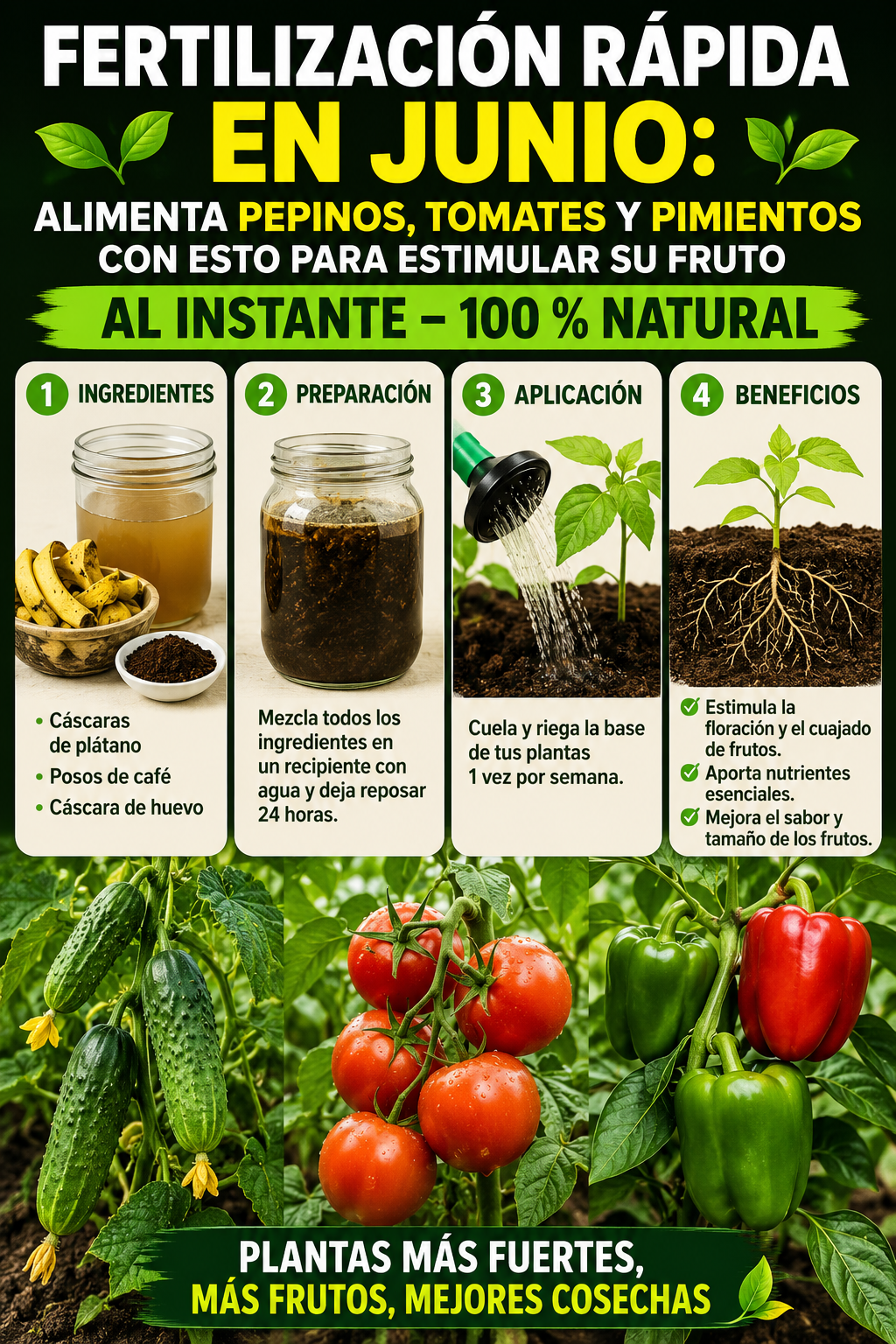 Fertilización rápida en junio: Alimenta pepinos, tomates y pimientos con esto para estimular su fruto al instante – 100 % natural