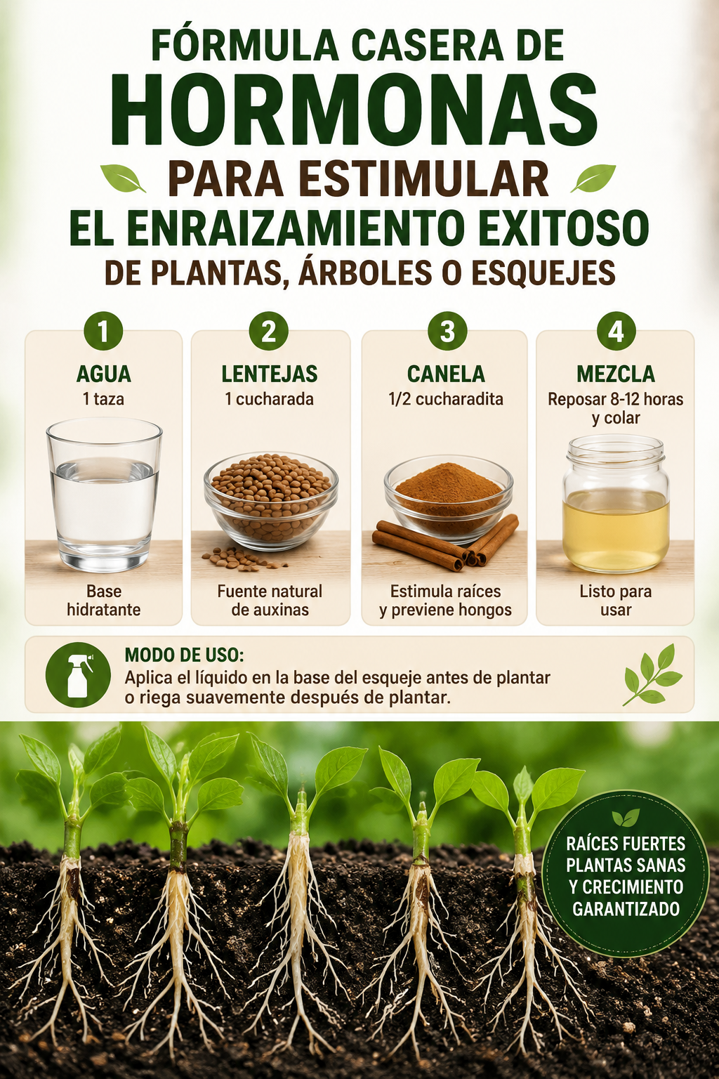 Fórmula casera de hormonas para estimular el enraizamiento exitoso de plantas, árboles o esquejes