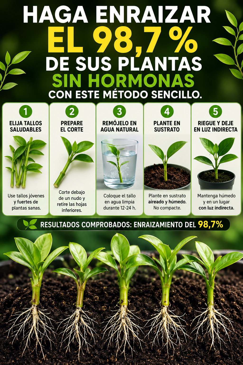 Haga enraizar el 98,7 % de sus plantas sin hormonas con este método sencillo.
