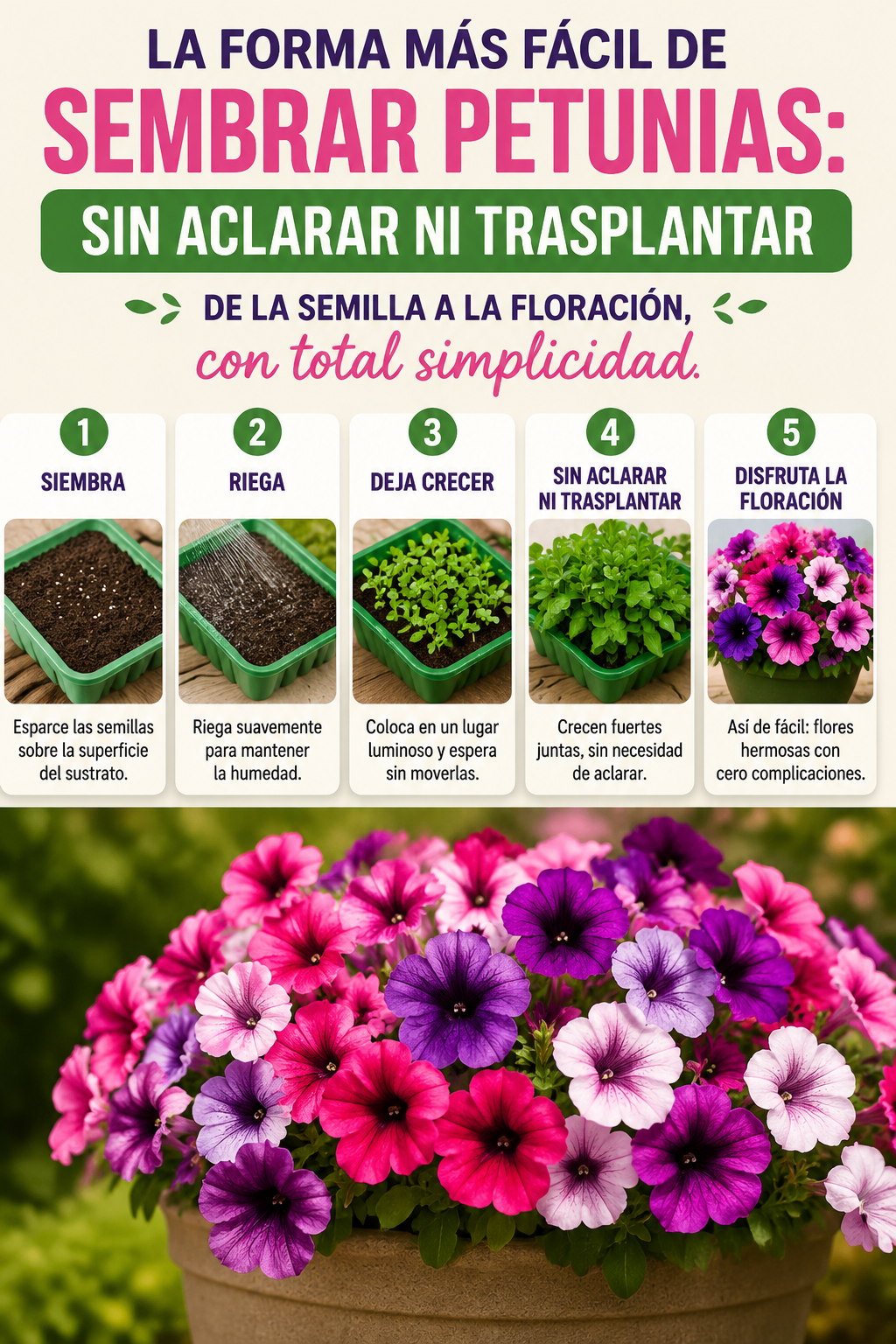 La forma más fácil de sembrar petunias: sin aclarar ni trasplantar – De la semilla a la floración, con total simplicidad