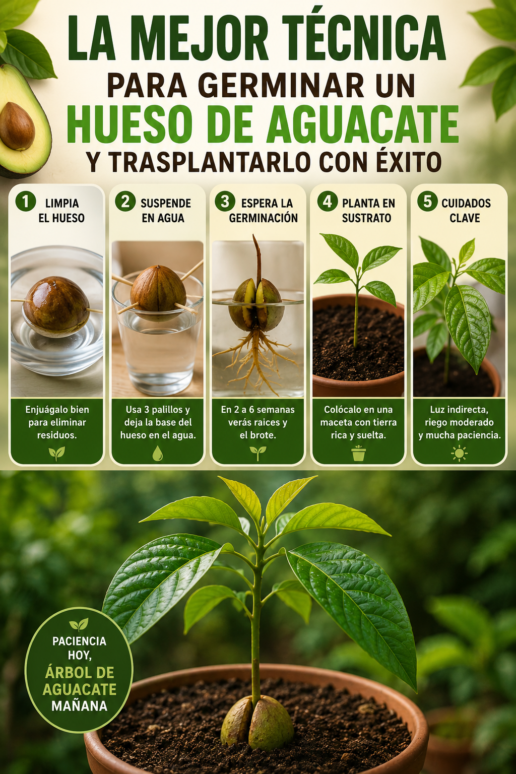 La mejor técnica para germinar un hueso de aguacate y trasplantarlo con éxito
