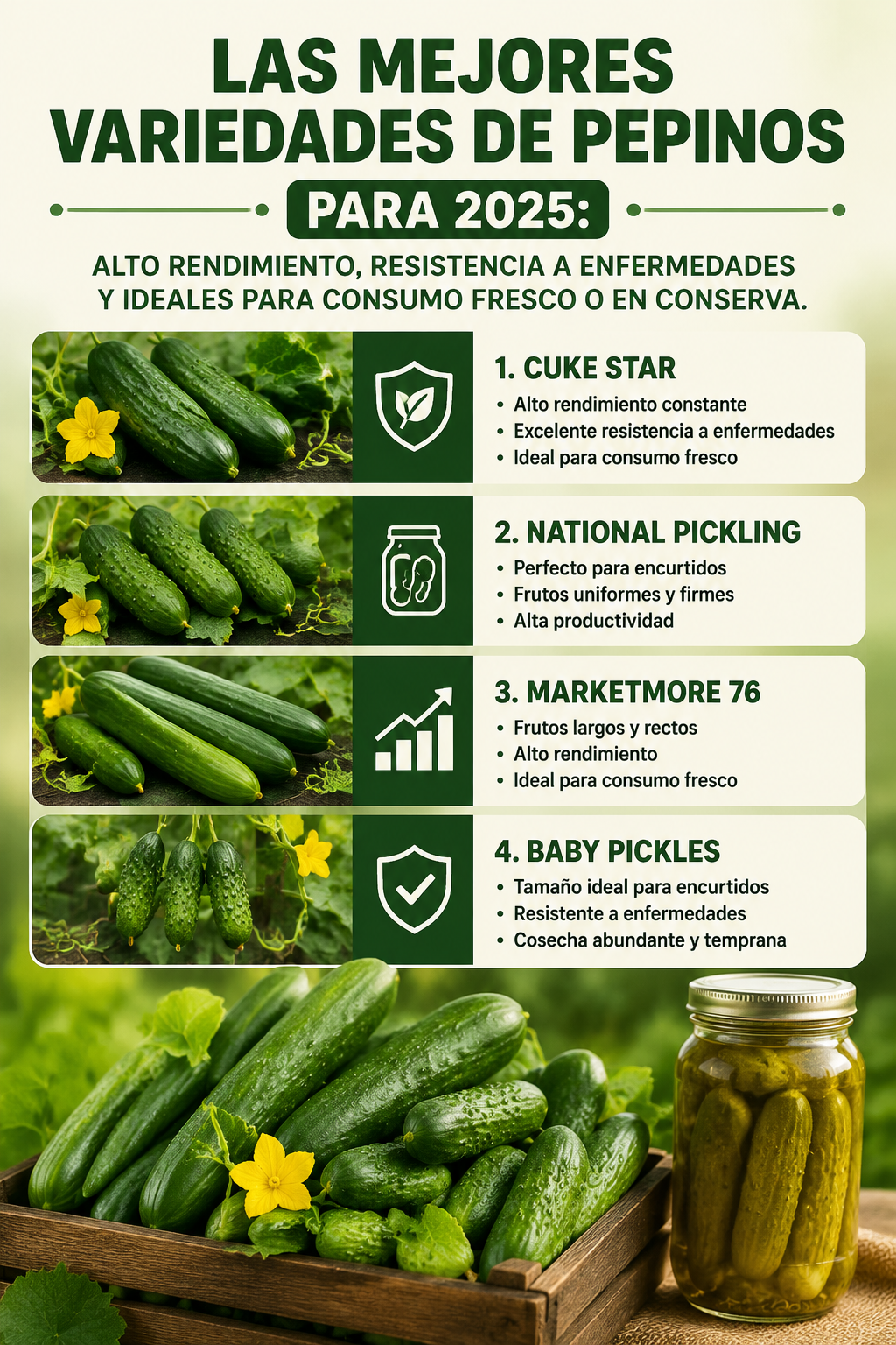 Las mejores variedades de pepinos para 2025: alto rendimiento, resistencia a enfermedades y ideales para consumo fresco o en conserva.