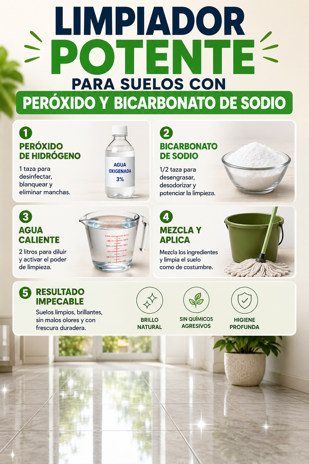 Limpiador potente para suelos con peróxido y bicarbonato de sodio