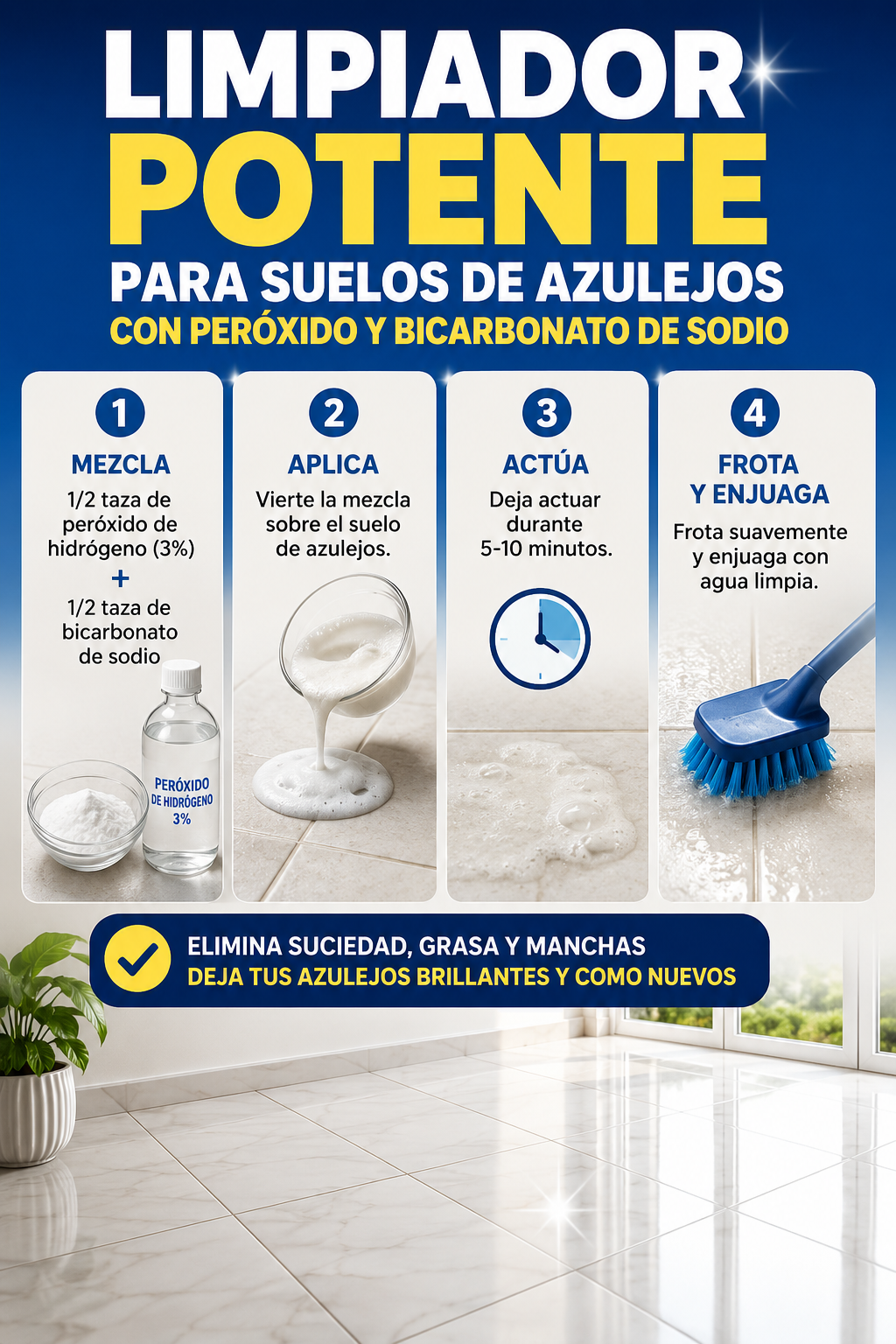 Limpiador potente para suelos de azulejos con peróxido y bicarbonato de sodio