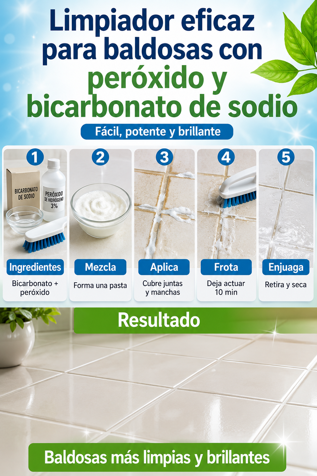 Limpiador químico efectivo para baldosas con peróxido y bicarbonato de sodio