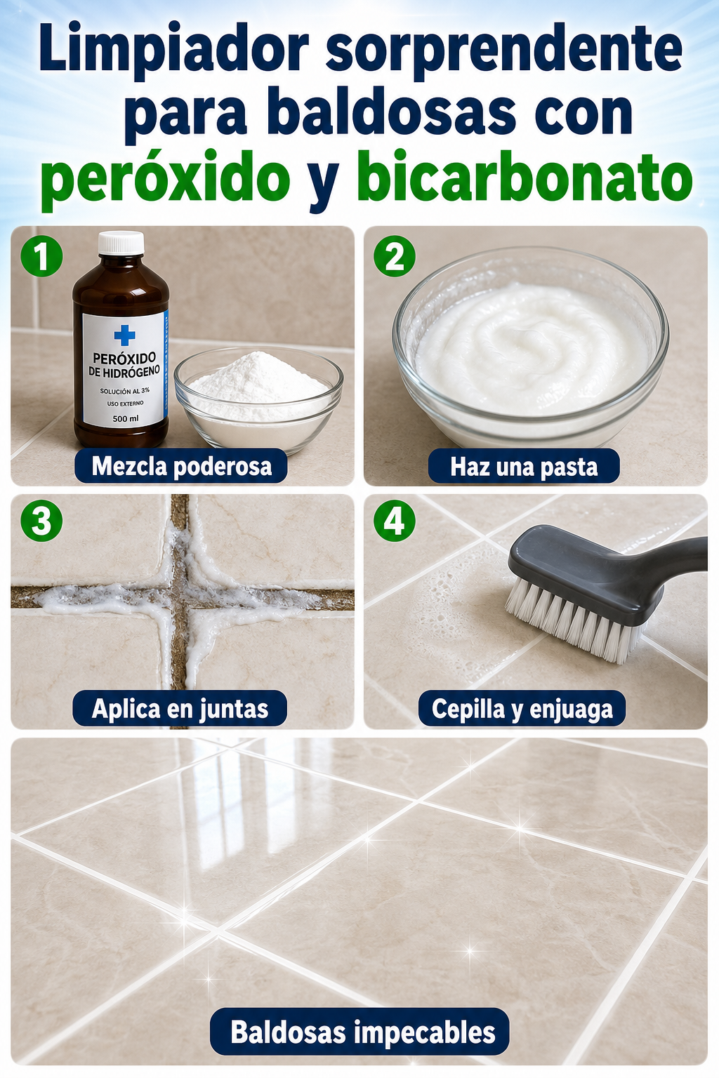 Limpiador químico sorprendente para baldosas con peróxido y bicarbonato de sodio