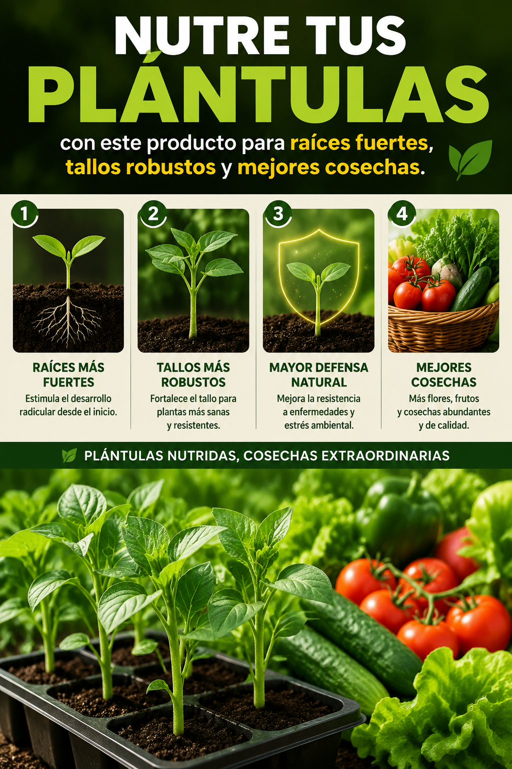 Nutre tus plántulas con este producto para raíces fuertes, tallos robustos y mejores cosechas.
