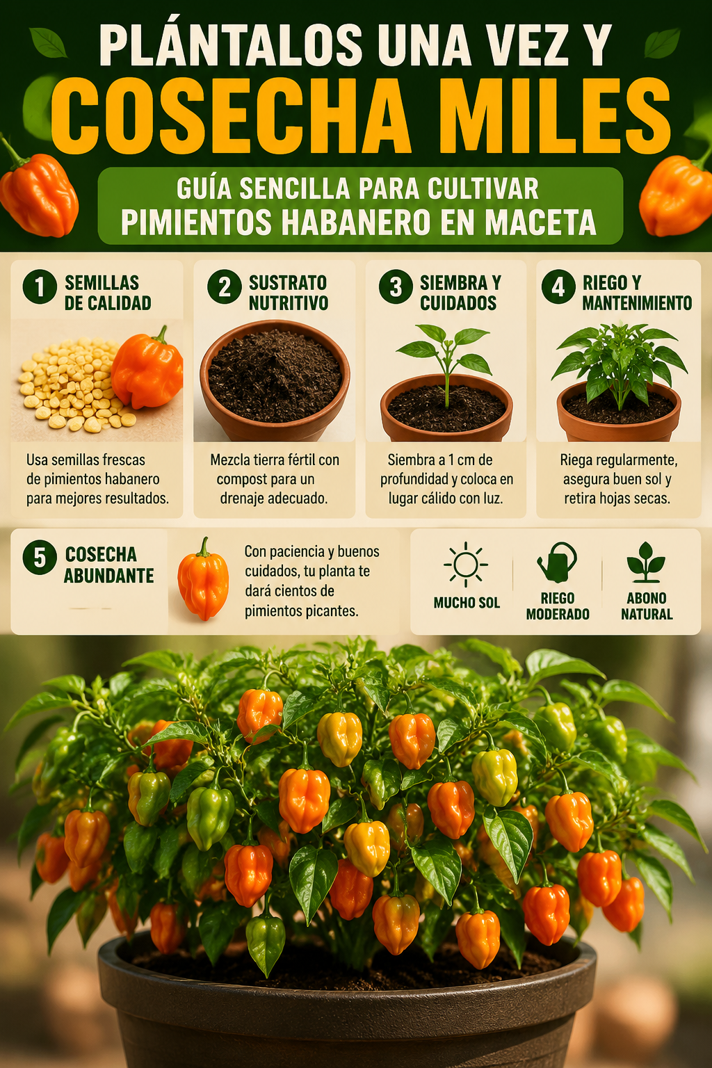 Plántalos una vez y cosecha miles: Guía sencilla para cultivar pimientos habanero en maceta