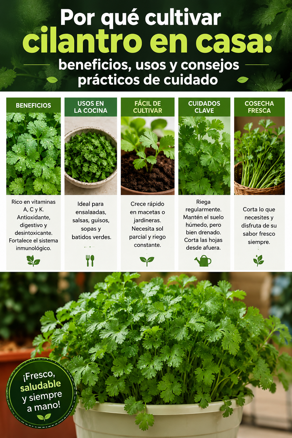 Por qué cultivar cilantro en casa: beneficios, usos y consejos prácticos de cuidado