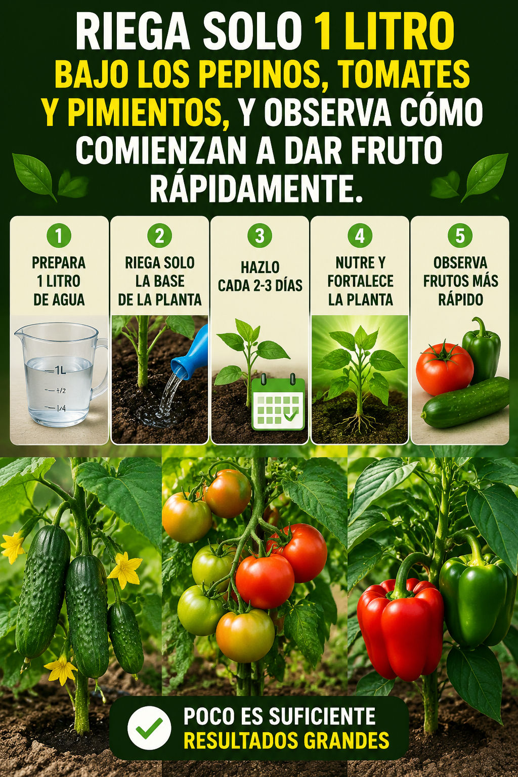 Riega solo 1 litro bajo los pepinos, tomates y pimientos, y observa cómo comienzan a dar fruto rápidamente.