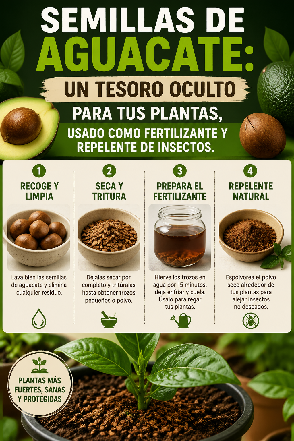 Semillas de aguacate: un tesoro oculto para tus plantas, usado como fertilizante y repelente de insectos.