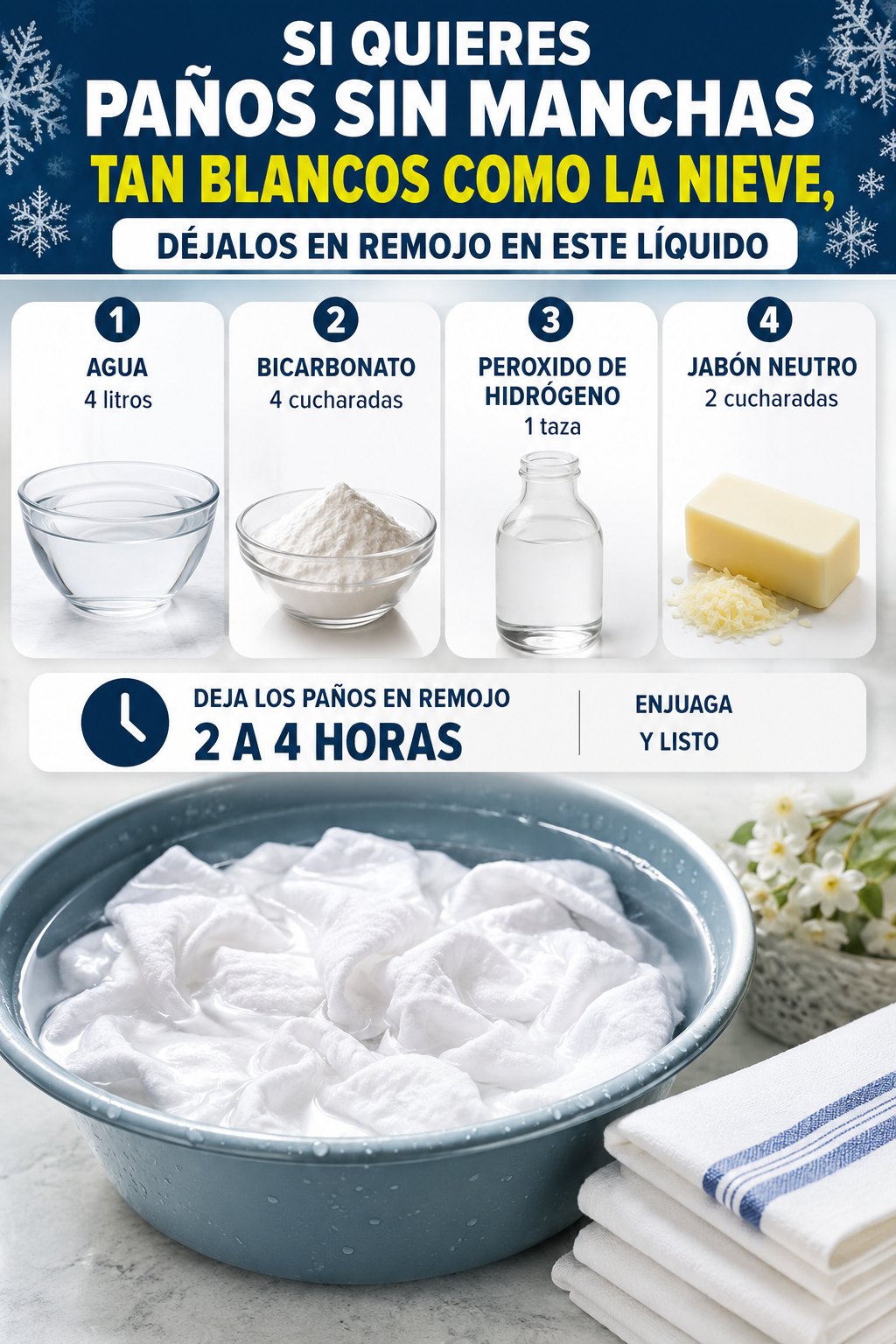 Si quieres paños sin manchas tan blancos como la nieve, déjalos en remojo en este líquido