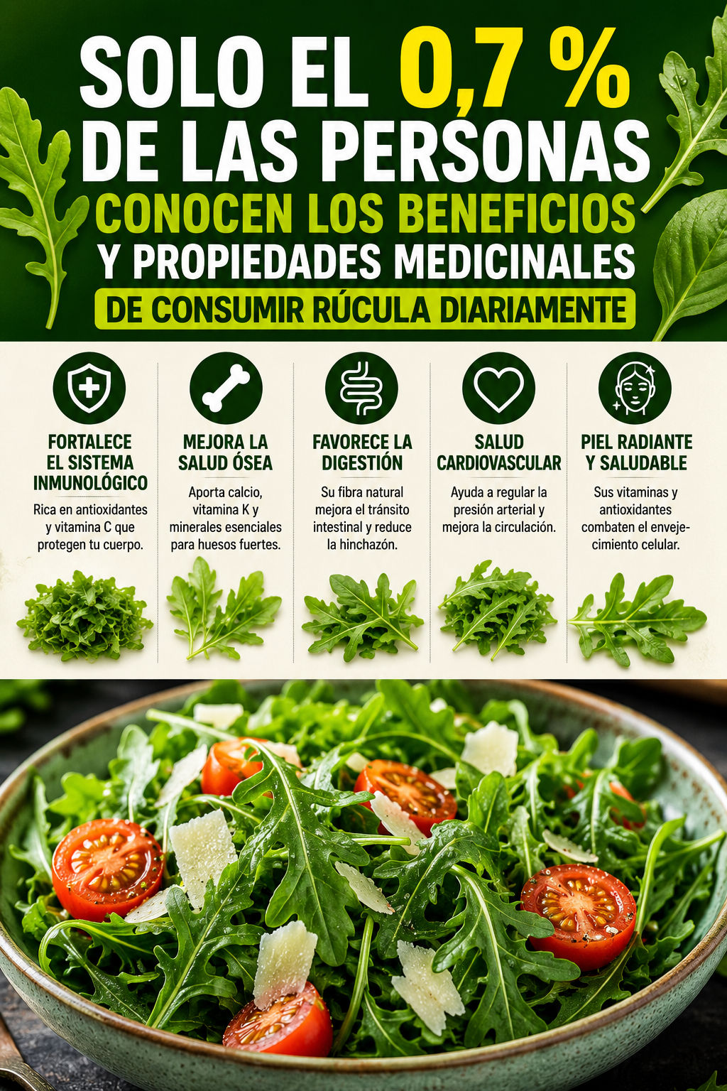 Solo el 0,7 % de las personas conocen los beneficios y propiedades medicinales de consumir rúcula diariamente