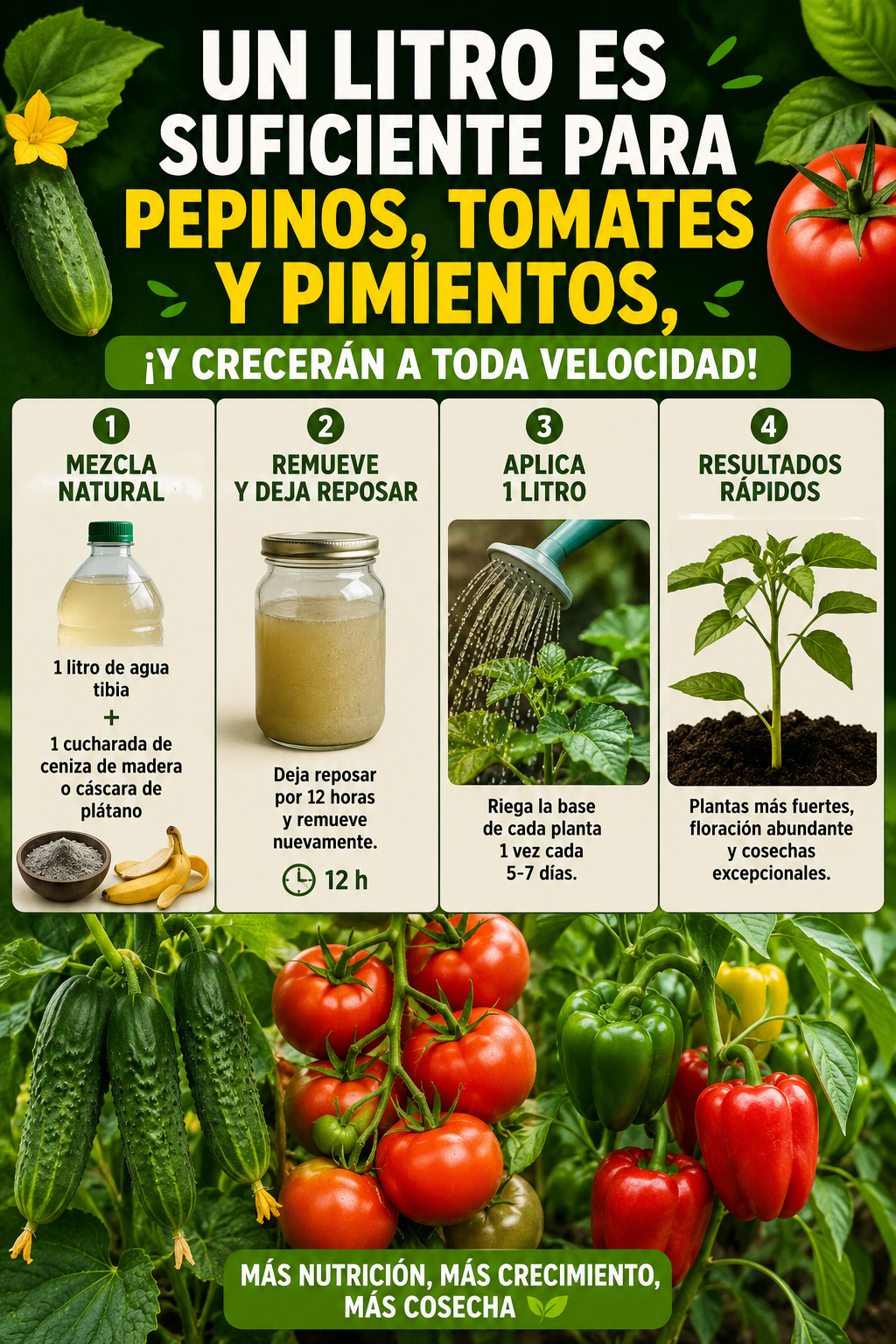 Un litro es suficiente para pepinos, tomates y pimientos, ¡y crecerán a toda velocidad!