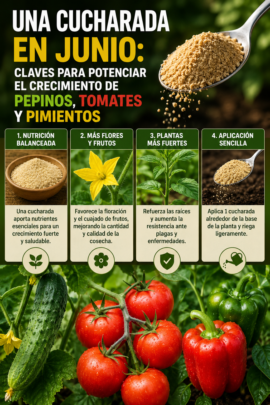 Una cucharada en junio: claves para potenciar el crecimiento de pepinos, tomates y pimientos