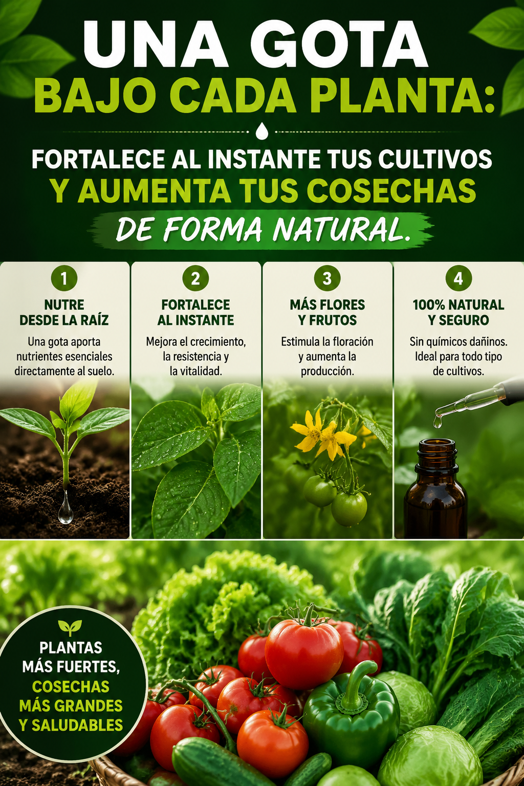Una gota bajo cada planta: fortalece al instante tus cultivos y aumenta tus cosechas de forma natural.