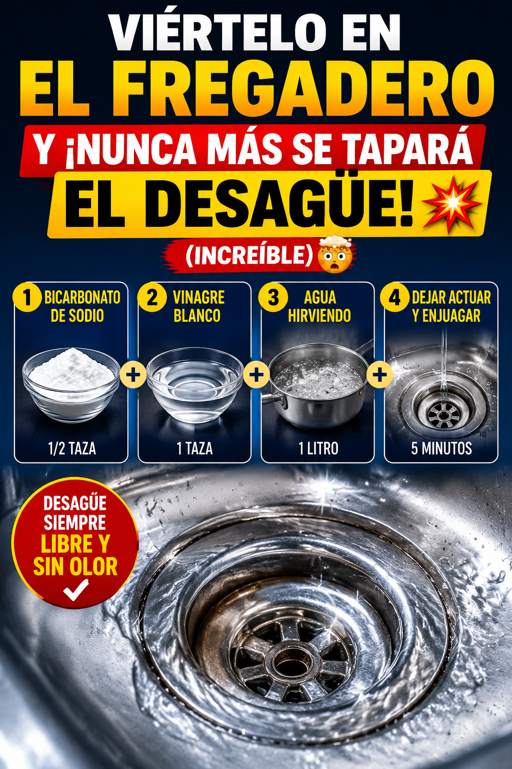 Viértelo en el fregadero y ¡nunca más se tapará el desagüe! 💥(Increíble)🤯