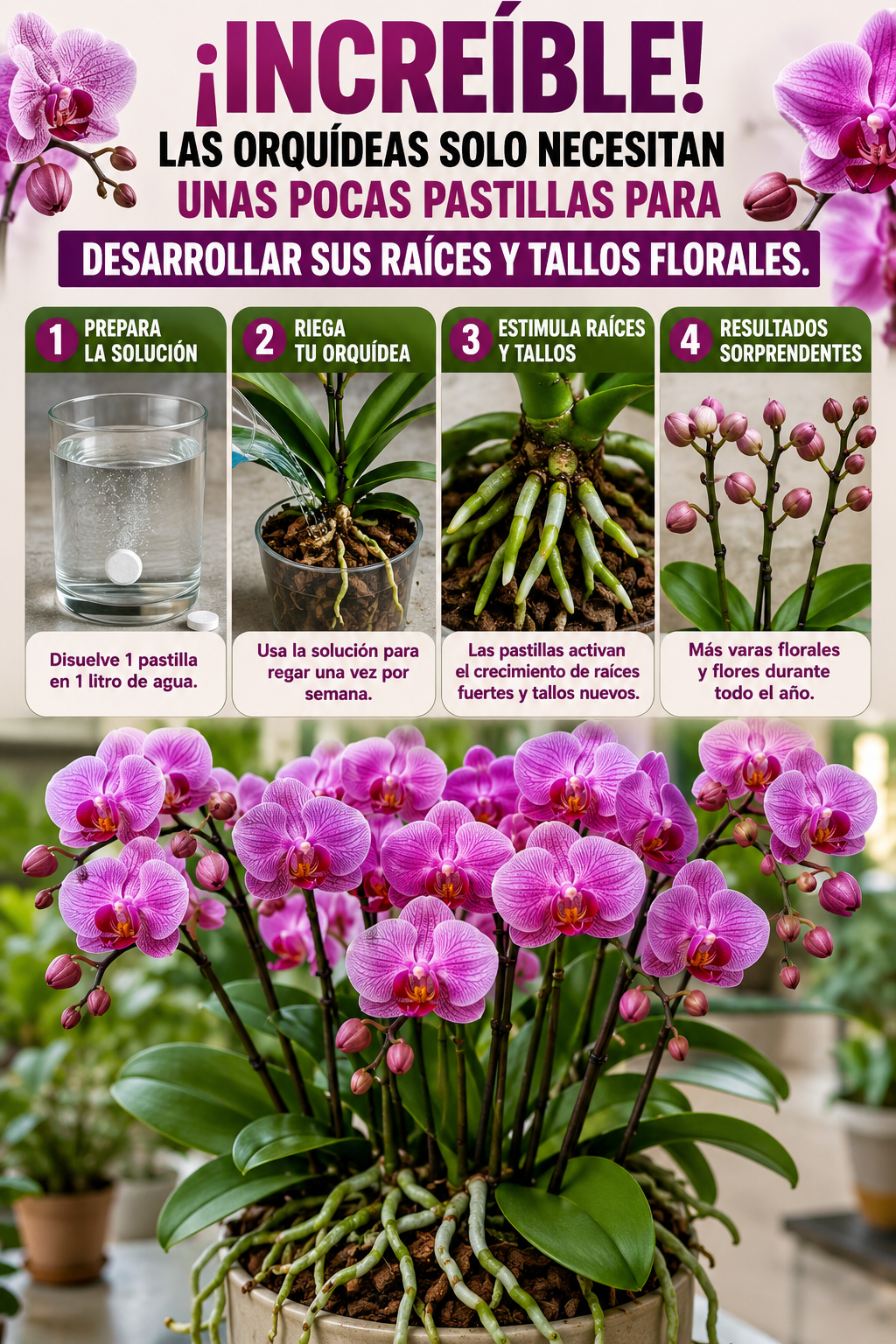 ¡Increíble! Las orquídeas solo necesitan unas pocas pastillas para desarrollar sus raíces y tallos florales.