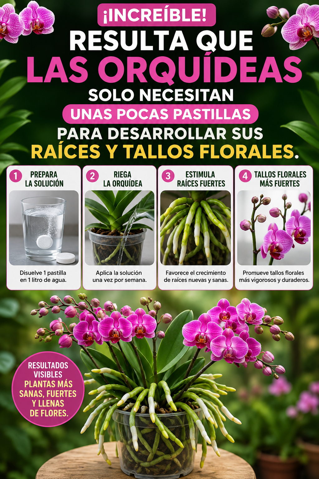 ¡Increíble! Resulta que las orquídeas solo necesitan unas pocas pastillas para desarrollar sus raíces y tallos florales.