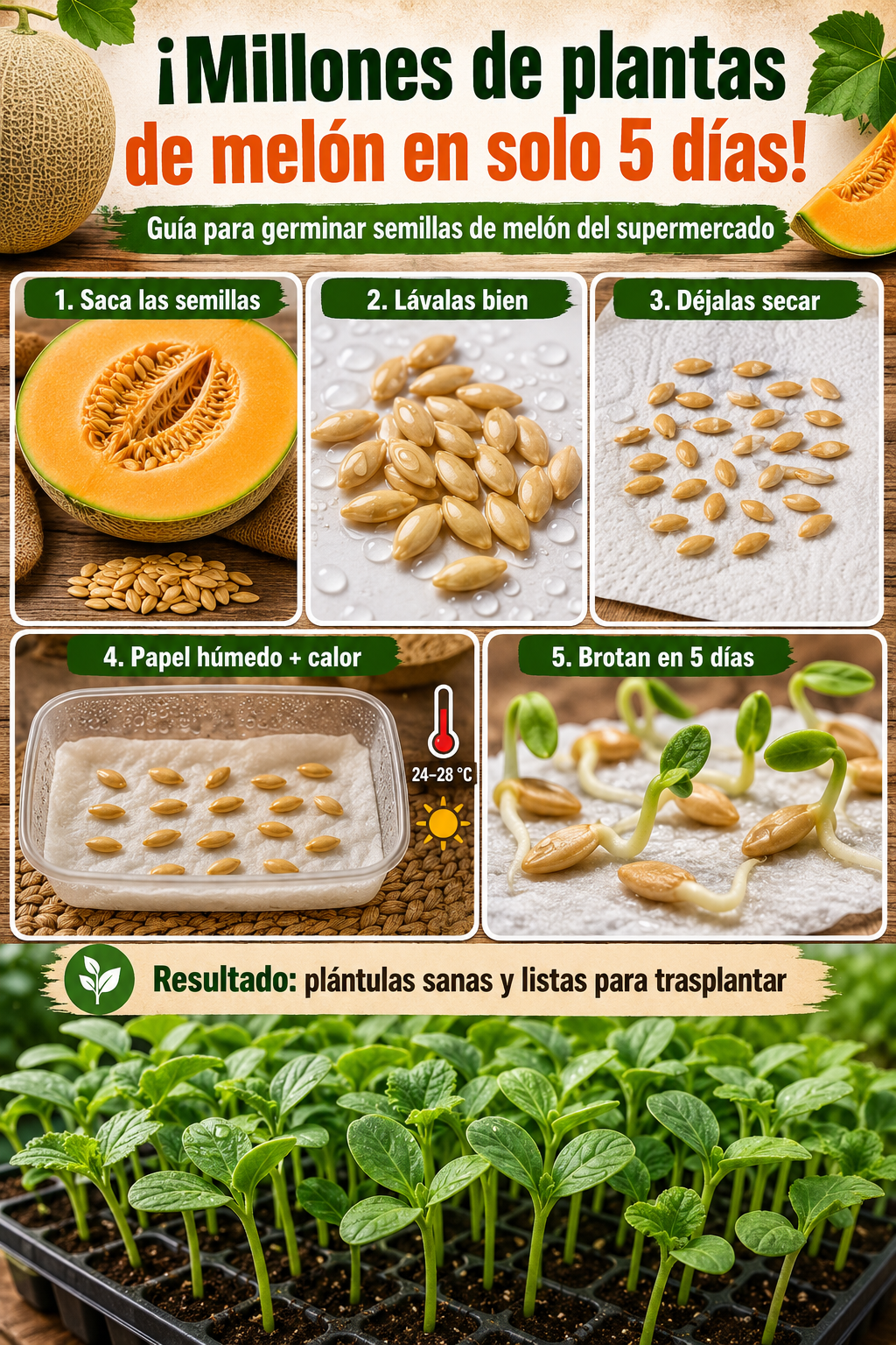 ¡Millones de plantas de melón en solo 5 días! Guía para germinar semillas de melón compradas en el supermercado