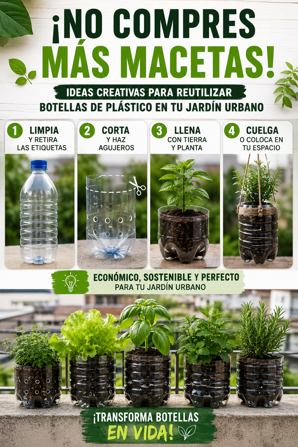 ¡No compres más macetas! Ideas creativas para reutilizar botellas de plástico en tu jardín urbano