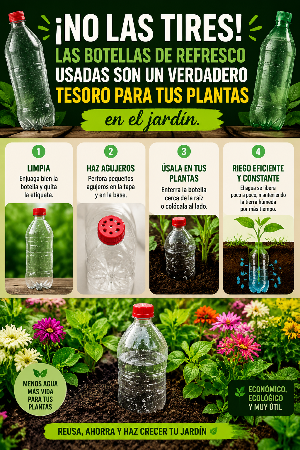 ¡No las tires! Las botellas de refresco usadas son un verdadero tesoro para tus plantas en el jardín.