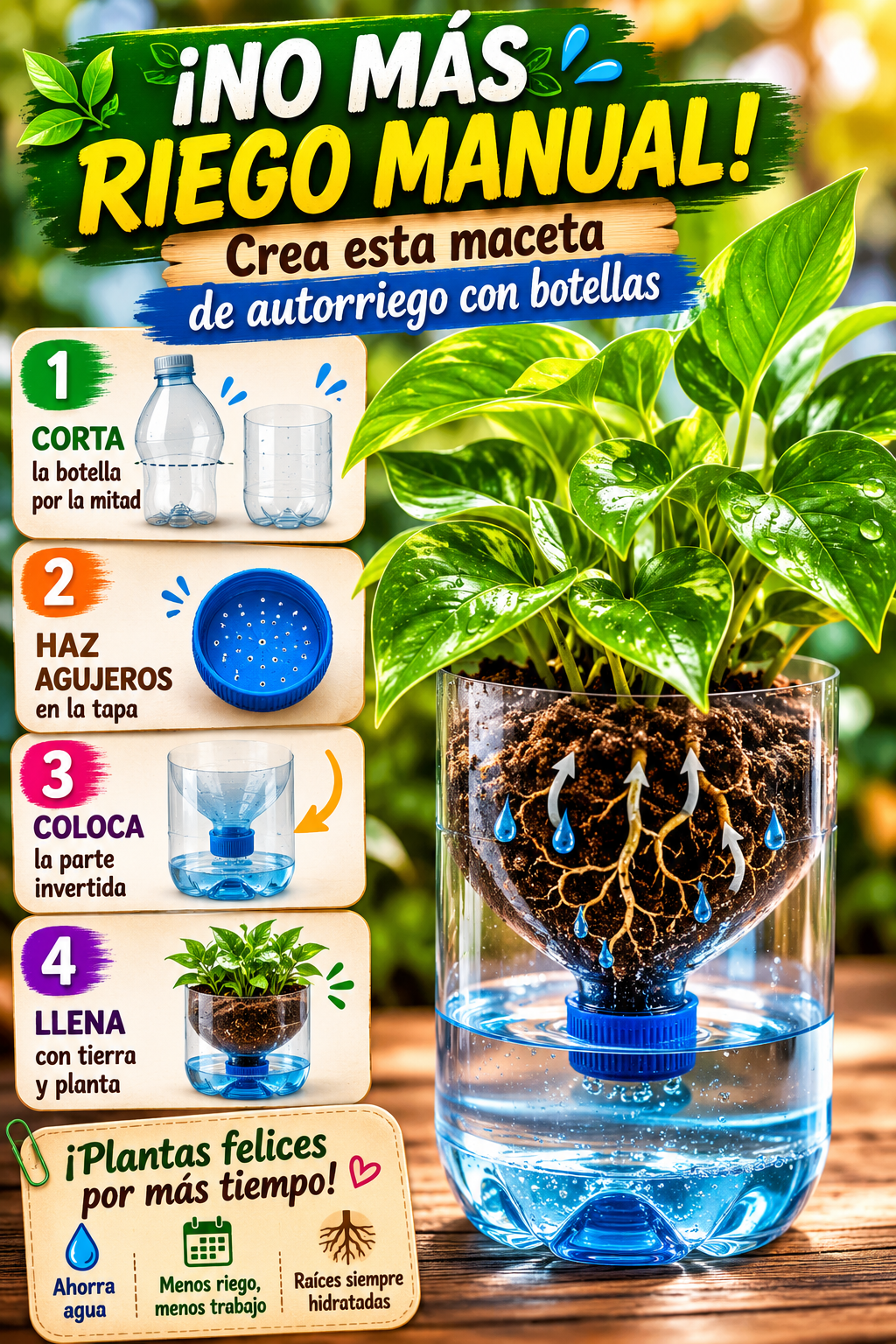 ¡No más riego manual! Crea esta maceta de autorriego con botellas