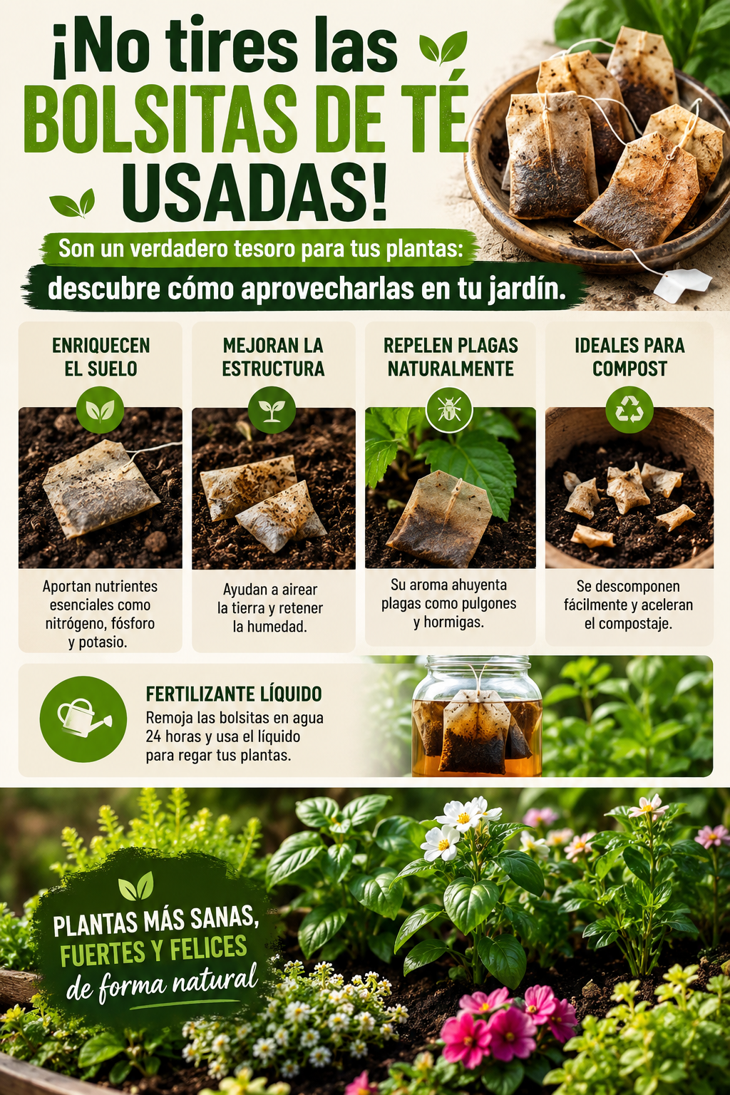 ¡No tires las bolsitas de té usadas! Son un verdadero tesoro para tus plantas: descubre cómo aprovecharlas en tu jardín.