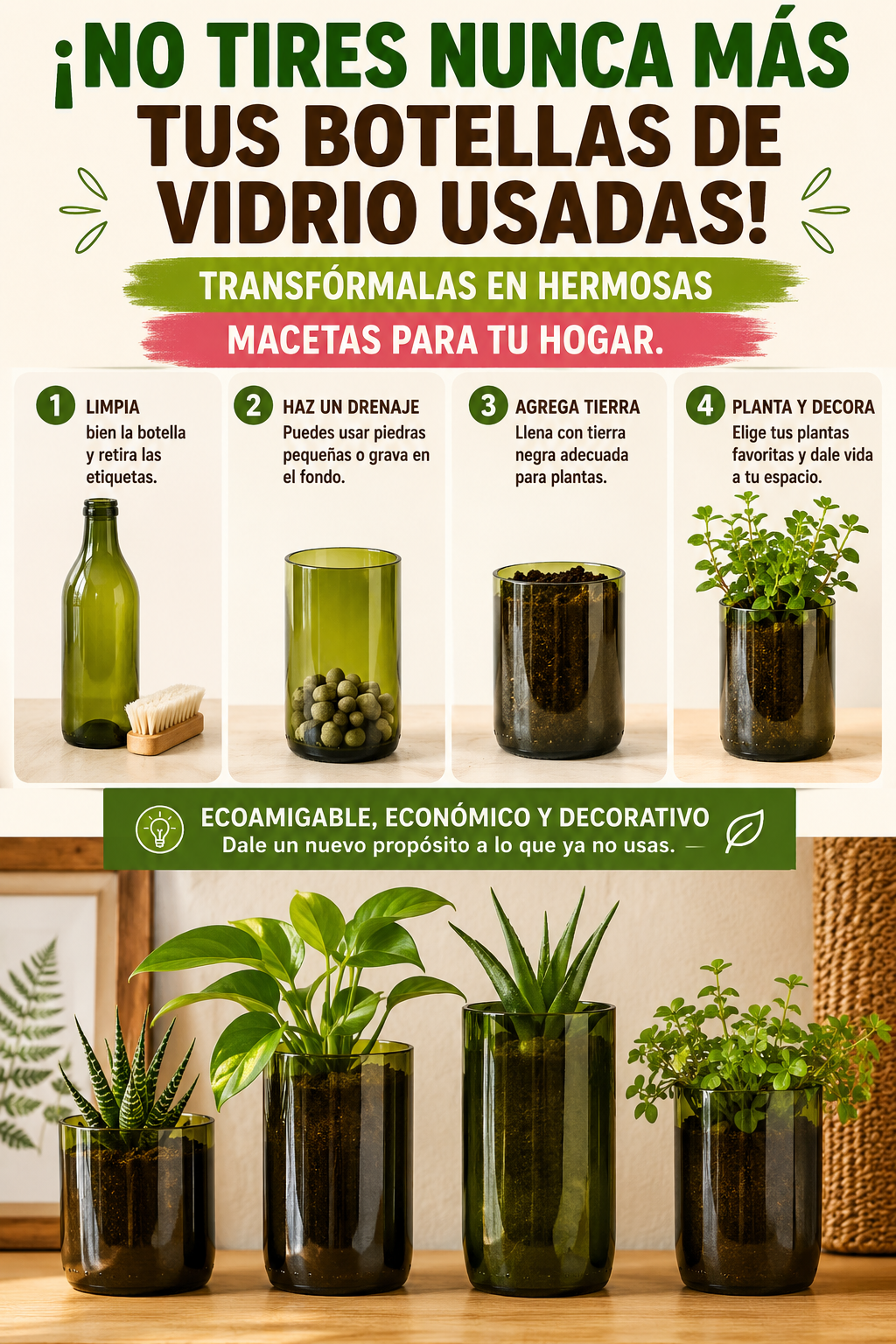 ¡No tires nunca más tus botellas de vidrio usadas! Transfórmalas en hermosas macetas para tu hogar.