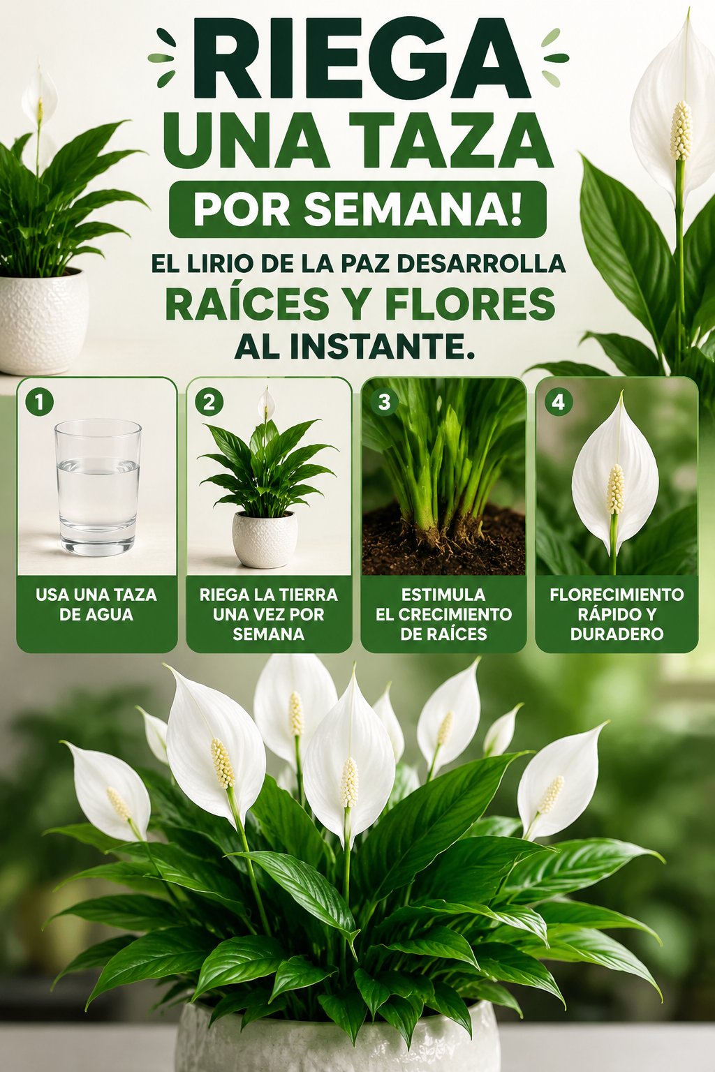 ¡Riega una taza por semana! El Lirio de la Paz desarrolla raíces y flores al instante.