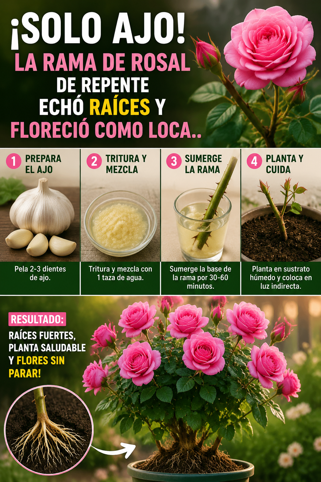 ¡Solo ajo! La rama de rosal de repente echó raíces y floreció como loca.