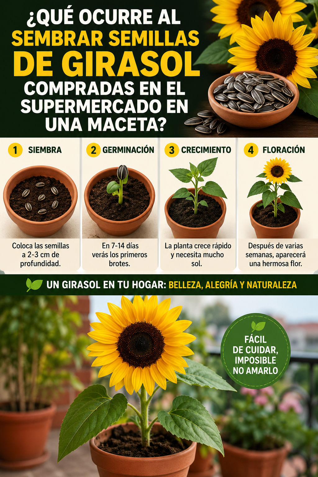 ¿Qué ocurre al sembrar semillas de girasol compradas en el supermercado en una maceta?
