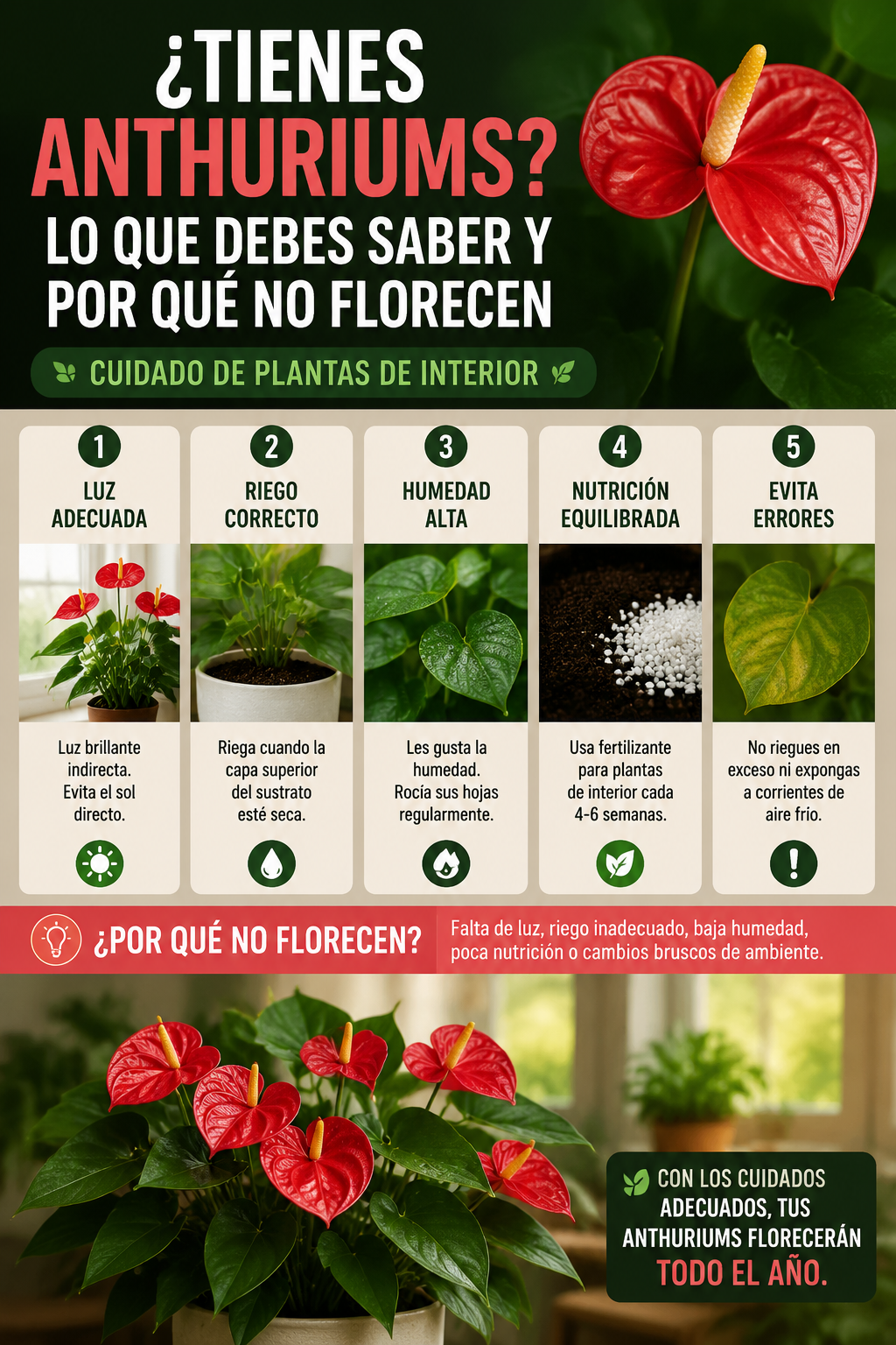 ¿Tienes anthuriums? Lo que debes saber y por qué no florecen | Cuidado de plantas de interior