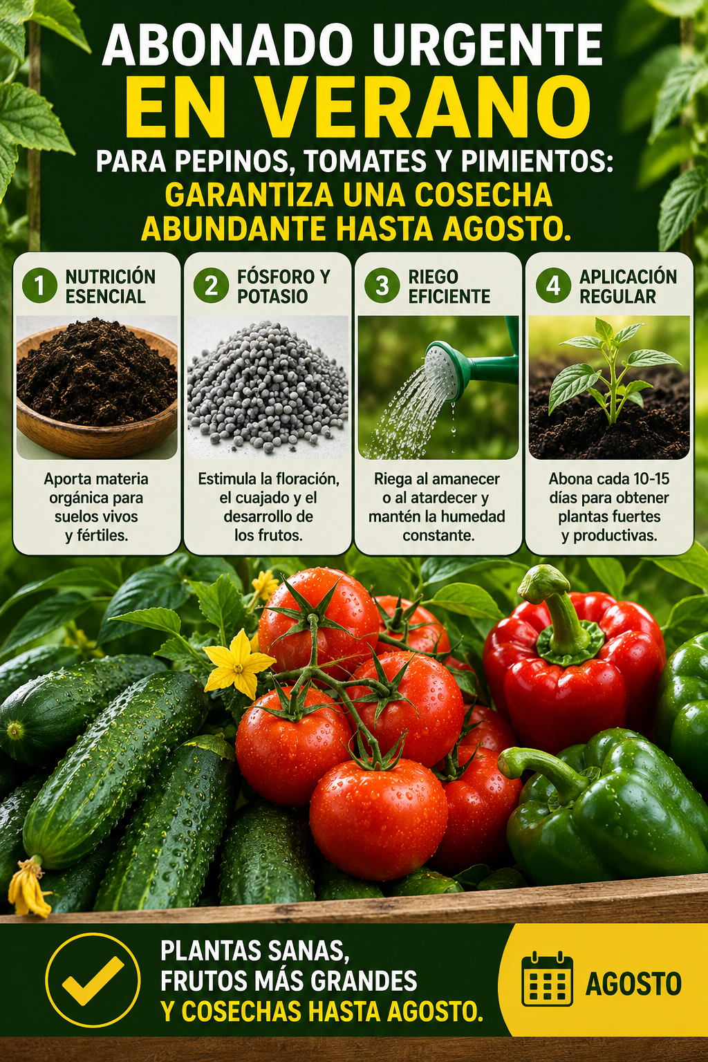 Abonado urgente en verano para pepinos, tomates y pimientos: garantiza una cosecha abundante hasta agosto.