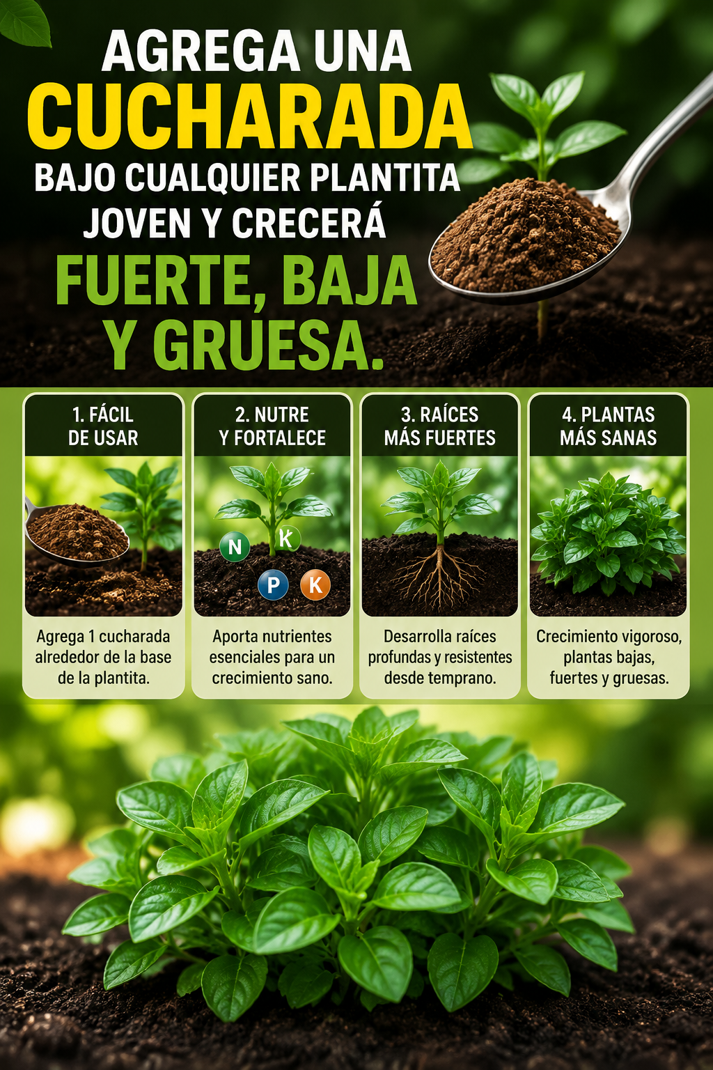 Agrega una cucharada bajo cualquier plantita joven y crecerá fuerte, baja y gruesa.